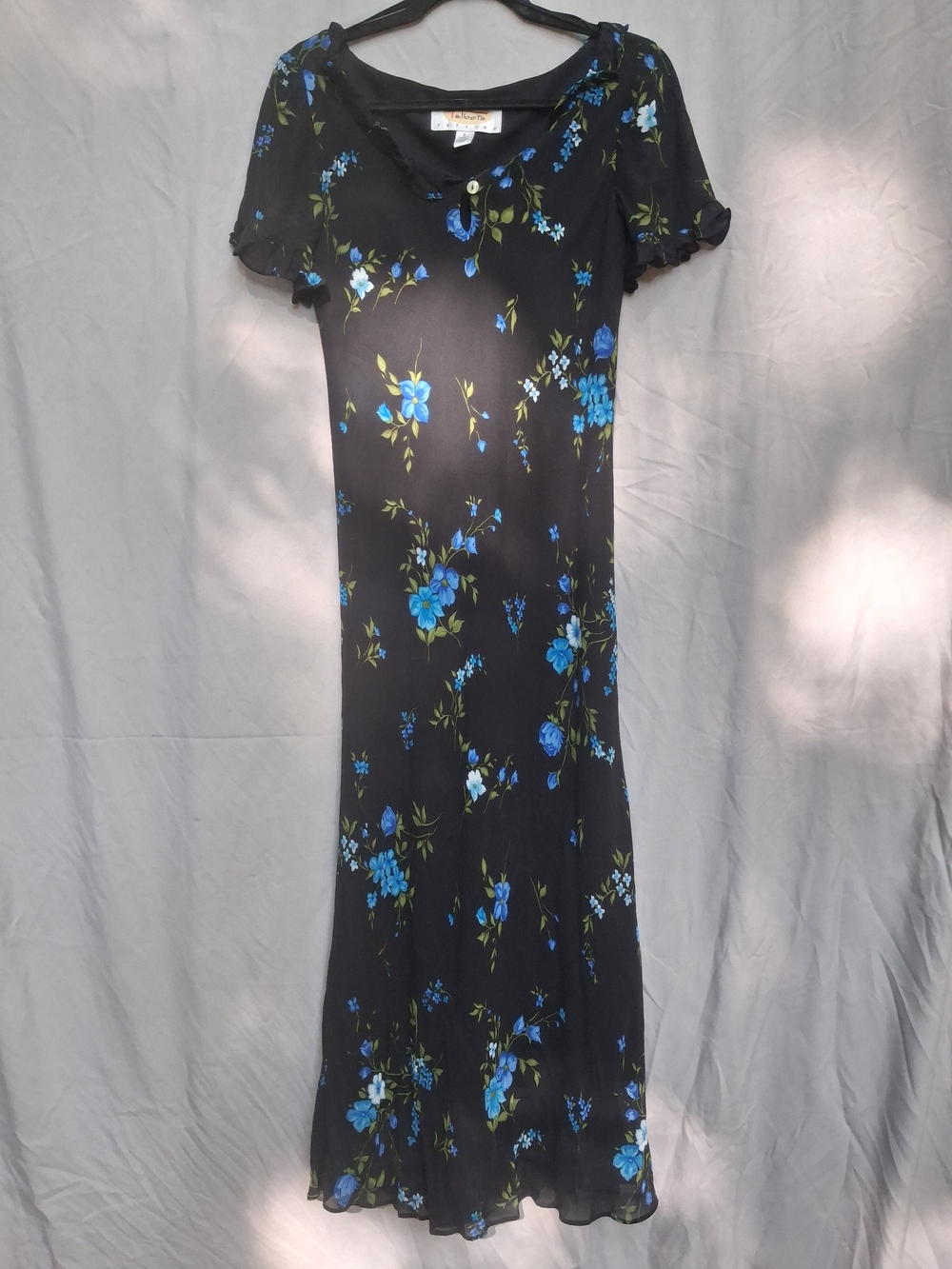 Talbots Petite Black Maxi Dress with Blue Floral Print Size 8
